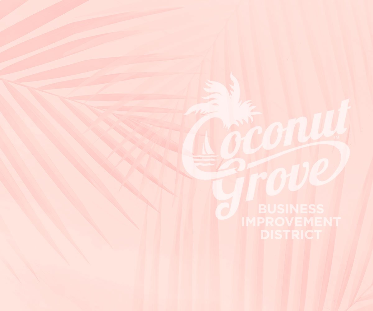 Light pastel pink with palm fronds behind the Coconut Grove logo in white.